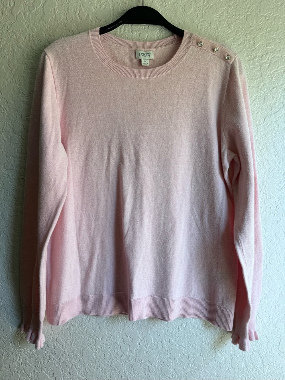 J. Crew Light Pink Crewneck Sweater with Shoulder Pearl Buttons